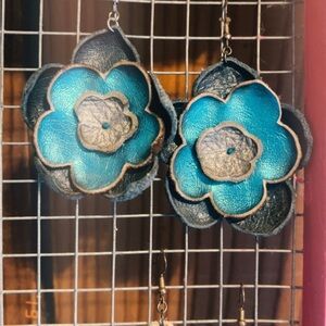 Blue Floral Leather Drop Earrings